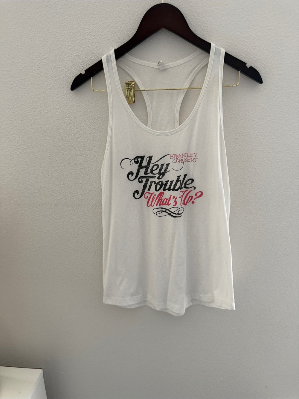 'Hey Trouble What's Up?' White Graphic Racerback Tank